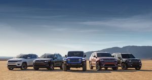 The 2019 Jeep Lineup from left to right: Jeep Compass, Jeep Cherokee, Jeep Wrangler, Jeep Grand Cherokee, and Jeep Renegade in Wichita, KS.