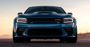 A front-end view of a blue 2019 Dodge Charger SRT Hellcat in Wichita, KS